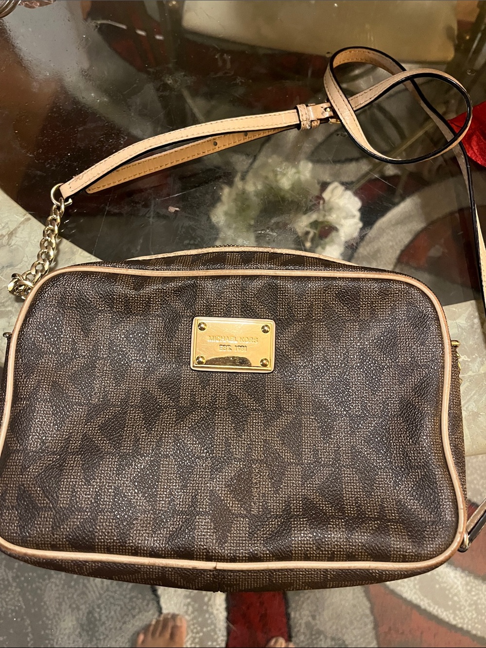 Michael Kors Brown Monogram Crossbody with Beige Trim